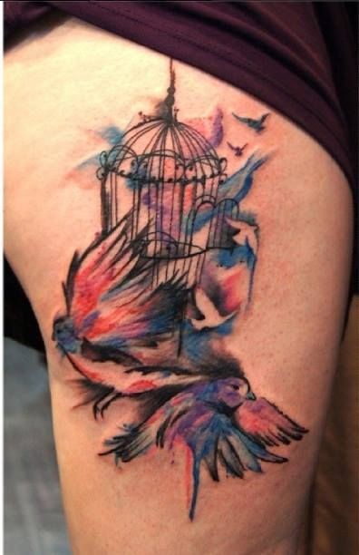 Watercolor Tattoo Bird Cage