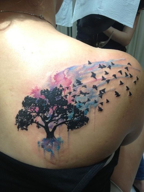 Watercolor Tree with Birds Tattoo