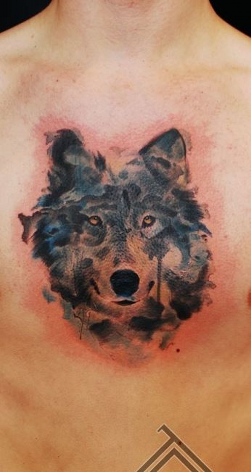 Watercolor Wolf Tattoo Chest