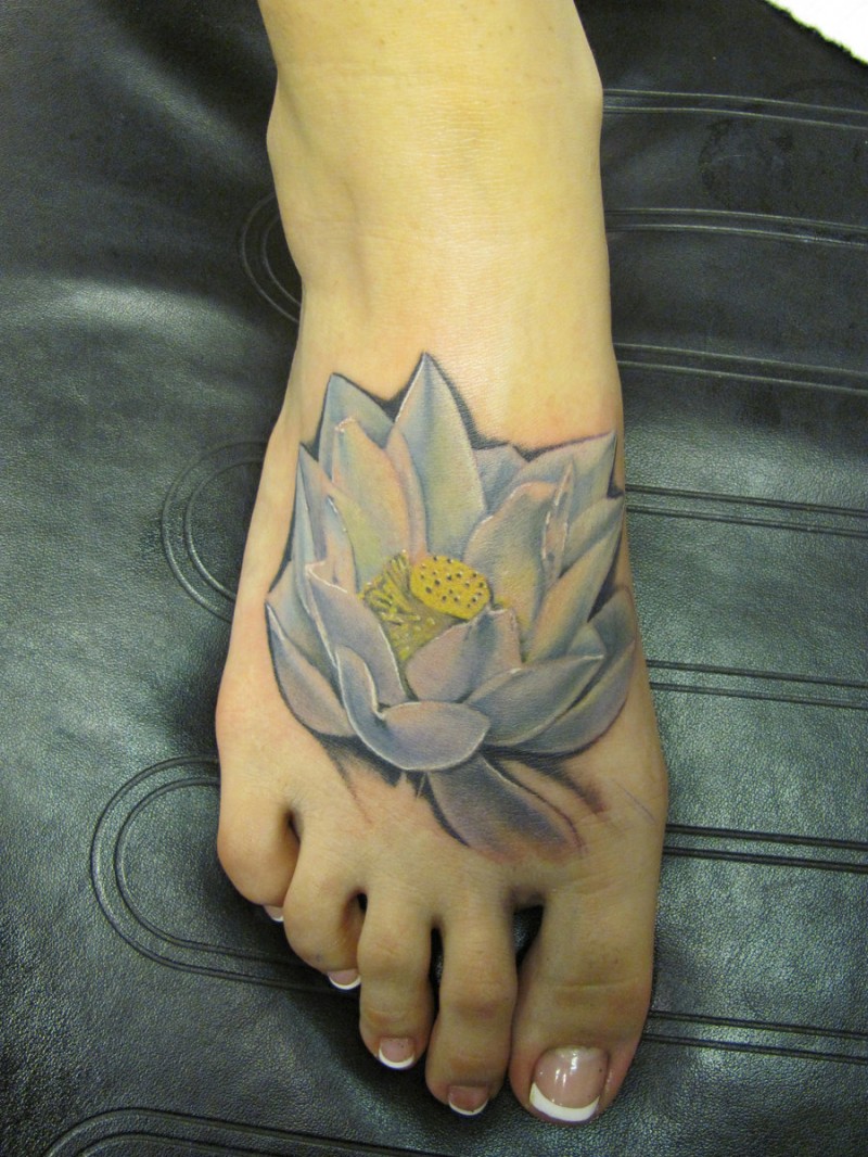 White Ink Lotus Flower Tattoo On Foot